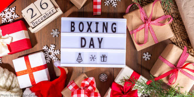 A light box with the words "Boxing Day" surrounded by lots of little boxes decorated with paper and ribbons