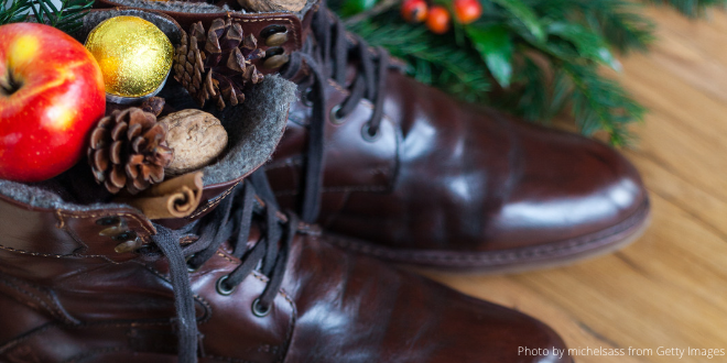 Shoes filled with nuts, fruit and chocolate on St. Nicholas