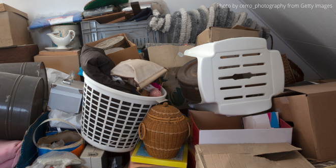 A room full with piles of household equipment