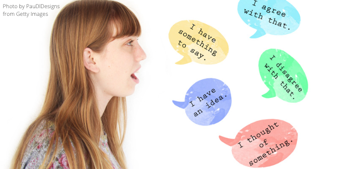 A young lady with five different coloured speech bubbles filled with short English sentences