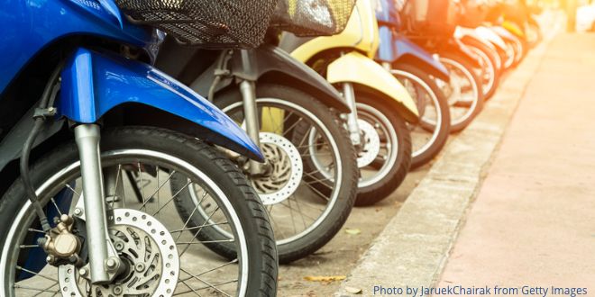 A close-up of the front wheels of motorcycles