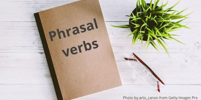 A brown notebook on Phrasal verbs on a wooden table together with a plant and a pair of glasses