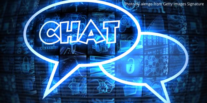 Two speech bubbles, one with the word CHAT in capital letters, in front of a blue background with lots of technical-looking icons