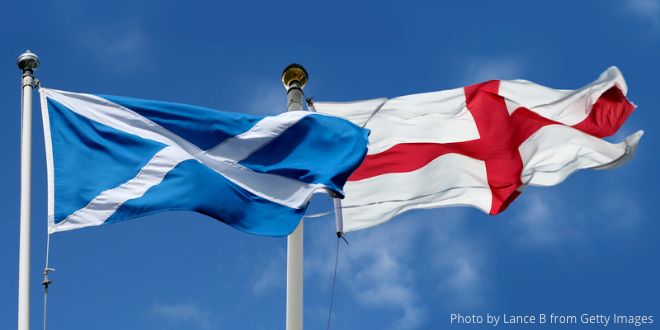 Scottish and English flags flying in the wind