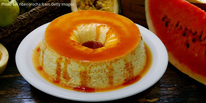 Common British idioms A piece of melon and a pudding on a plate covered in an orange syrup