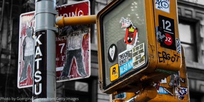 A close-up of New York traffic lights