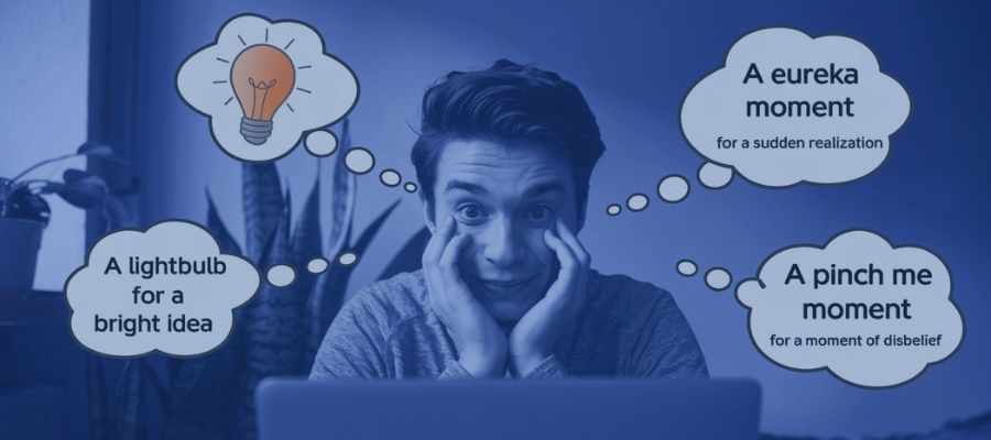English Idioms verstehen neu A man looking surprised at his laptop or phone, with idioms floating around their head like thought bubbles (e.g., a lightbulb for "a bright idea").