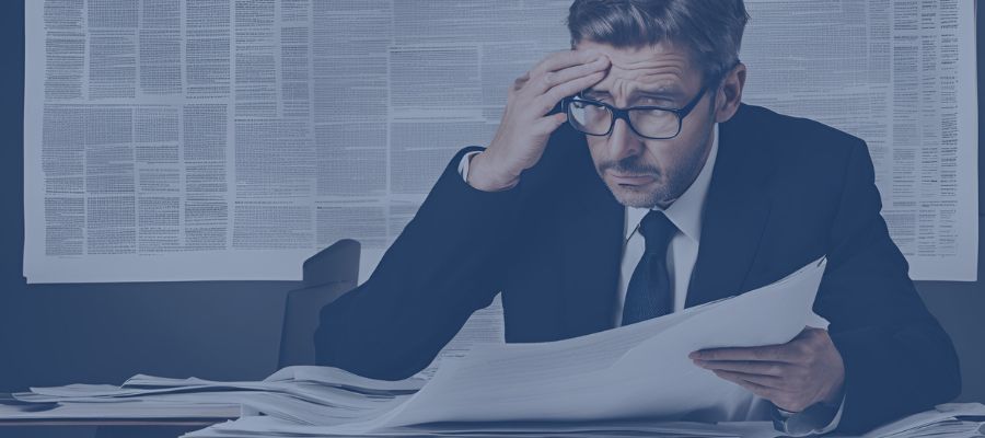 Klartext statt Buzzwords A man with a confused expression looking at a document full of buzzwords.