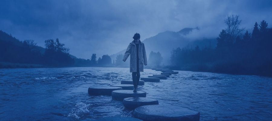 A metaphorical image of stepping stones crossing a river, representing the journey from uncertainty to fluency, with a person confidently walking across.