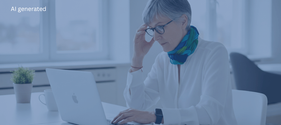 A woman thinking A woman sitting in front of her laptop with one hand touching her head