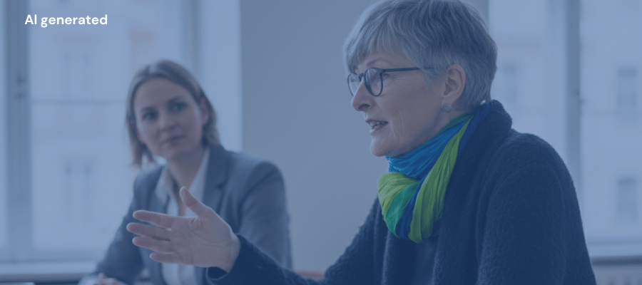 Woman talking to a language trainer. AI-generated image