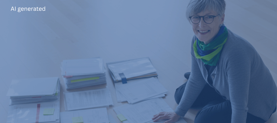 Woman sitting on the floor, sorting papers, but looking at the camera