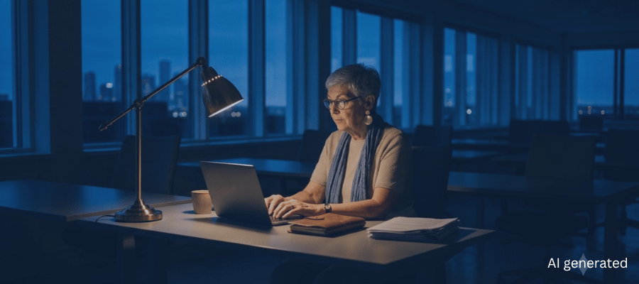 Woman sitting at her desk in the evening, writing on her laptop Woman sitting at her desk in the evening, writing on her laptop